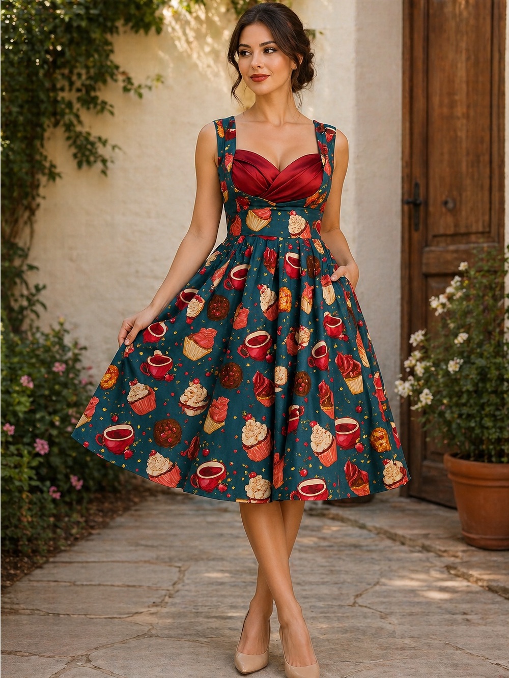 Vintage-Inspired Emerald Tea Dress with Red Bodice